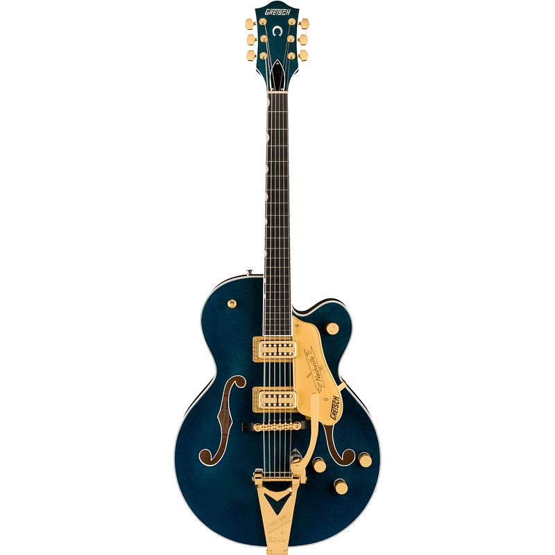 Foto van Gretsch professional collection nashville hollow body eb midnight sapphire met g6241 deluxe hardshell case