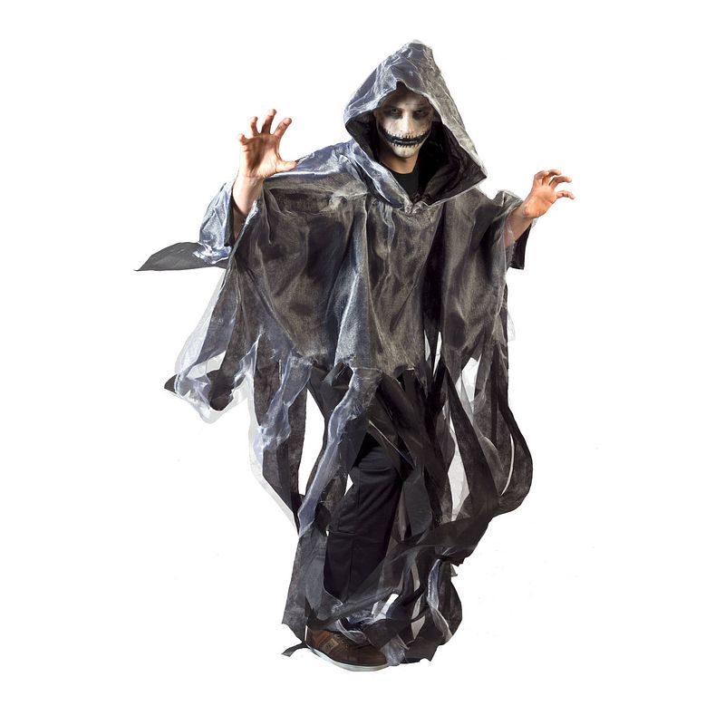 Foto van Funny fashion halloween verkleed cape/gewaad met kap - spook/geest - grijs - voor volwassenen - carnavalskostuums