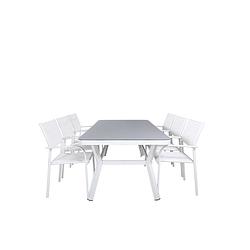 Foto van Virya tuinmeubelset tafel 100x200cm en 6 stoel santorini wit, grijs.