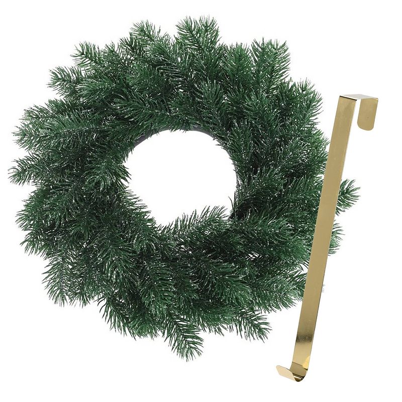 Foto van Kerstkrans 35 cm - blauwgroen - met gouden hanger/ophanghaak - kerstversiering - kerstkransen