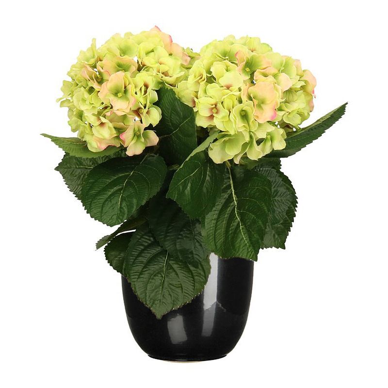 Foto van Hortensia kunstplant/kunstbloemen 36 cm - groen/roze - in pot zwart glans - kunstplanten