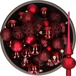 Foto van 37x stuks kunststof kerstballen 6 cm incl. glazen piek mat donkerrood - kerstbal