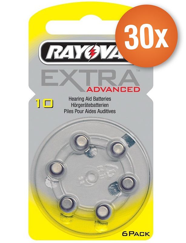 Foto van Voordeelpak rayovac gehoorapparaat batterijen - type 10 (geel) - 30 x 6 stuks + gratis batterijtester
