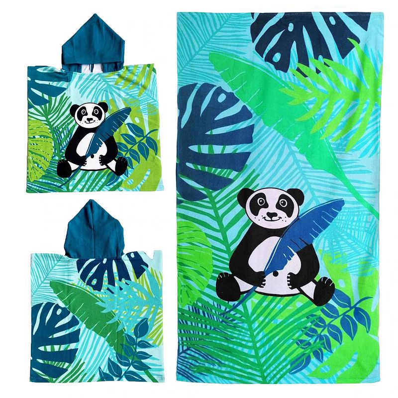 Foto van Set van bad cape/poncho met strand/badlaken voor kinderen panda print microvezel - badcapes