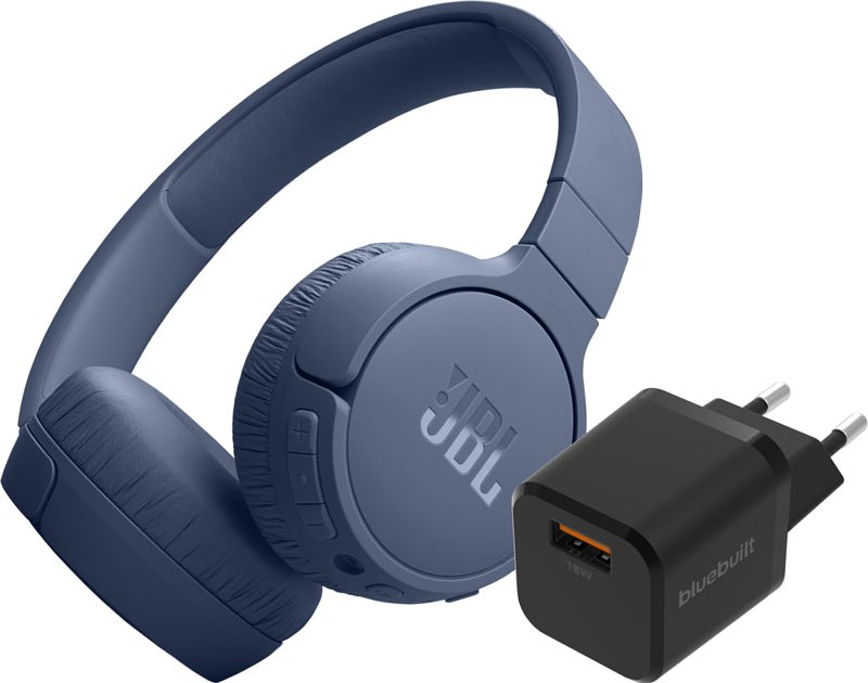 Foto van Jbl tune 670nc blauw + bluebuilt quick charge oplader met usb a poort 18w zwart