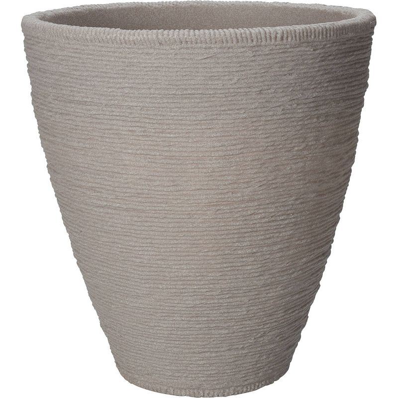 Foto van Plantenpot/bloempot ribbed - tuin - stevig kunststof - zandkleur - d40 x h42 cm - plantenpotten