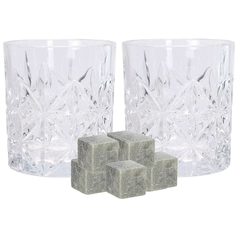 Foto van Luxe whiskyglazen set 4x stuks 230 ml met 9x whisky ijsblokstenen - whiskeyglazen