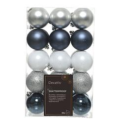 Foto van Decoris kerstballen - 30x - donkerblauw/wit/zilver - 6 cm -kunststof - kerstbal