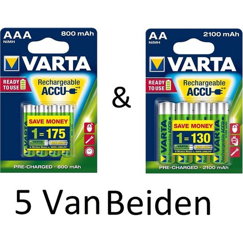 Foto van (5 van beiden) varta aa & aaa oplaadbare batterijen combi aanbieding 800 mah & 2100 mah