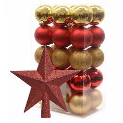 Foto van Kerstballen 30x stuks 6 cm rood-goud met ster piek rood kunststof - kerstbal