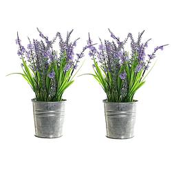 Foto van 2x stuks lavendel kunstplanten/kamerplanten paars in grijze sierpot h28 cm x d18 cm - kunstplanten