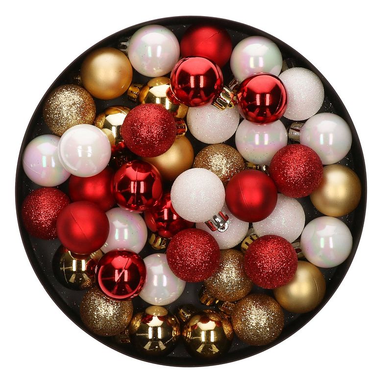 Foto van 48x stuks kunststof kerstballen mix wit/goud/rood 4 cm - kerstbal