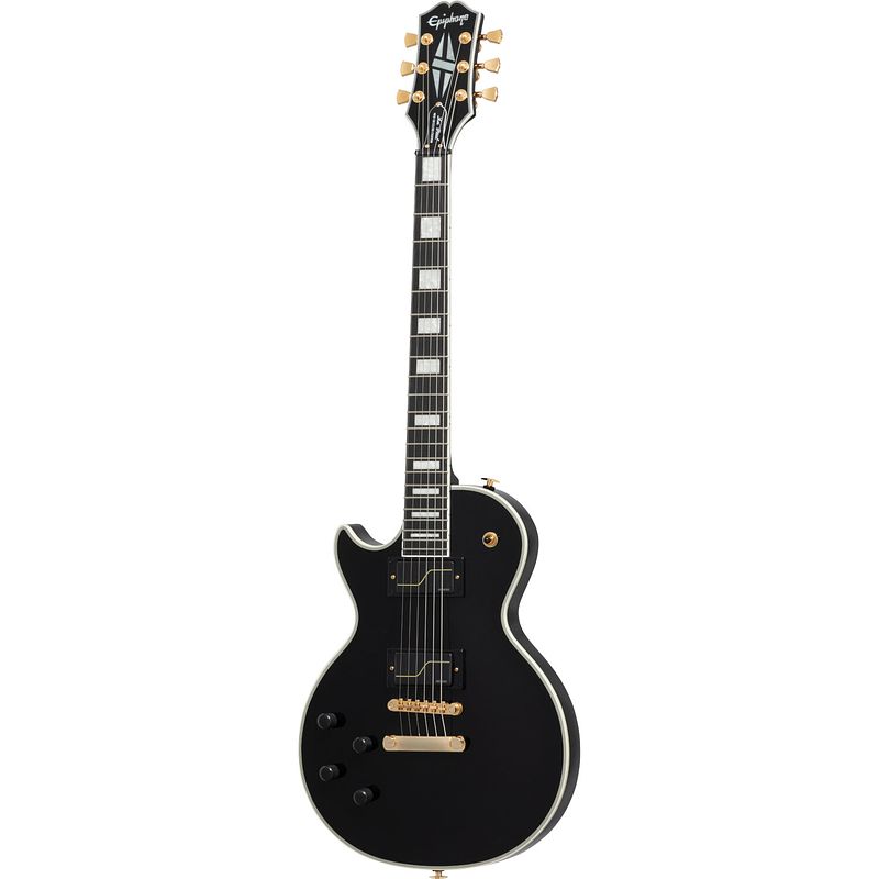 Foto van Epiphone matt heafy origins les paul custom lh ebony linkshandige elektrische gitaar met koffer