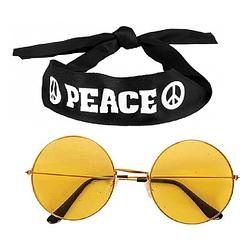 Foto van Hippie flower power verkleedset hoofdband met ronde glazen bril geel - verkleedhoofddeksels