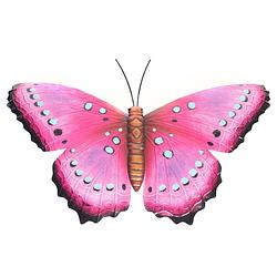 Foto van Tuindecoratie vlinder van metaal roze/zwart 48 cm - tuinbeelden