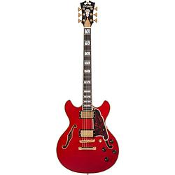 Foto van D'sangelico excel mini dc trans cherry semi-akoestische gitaar met koffer