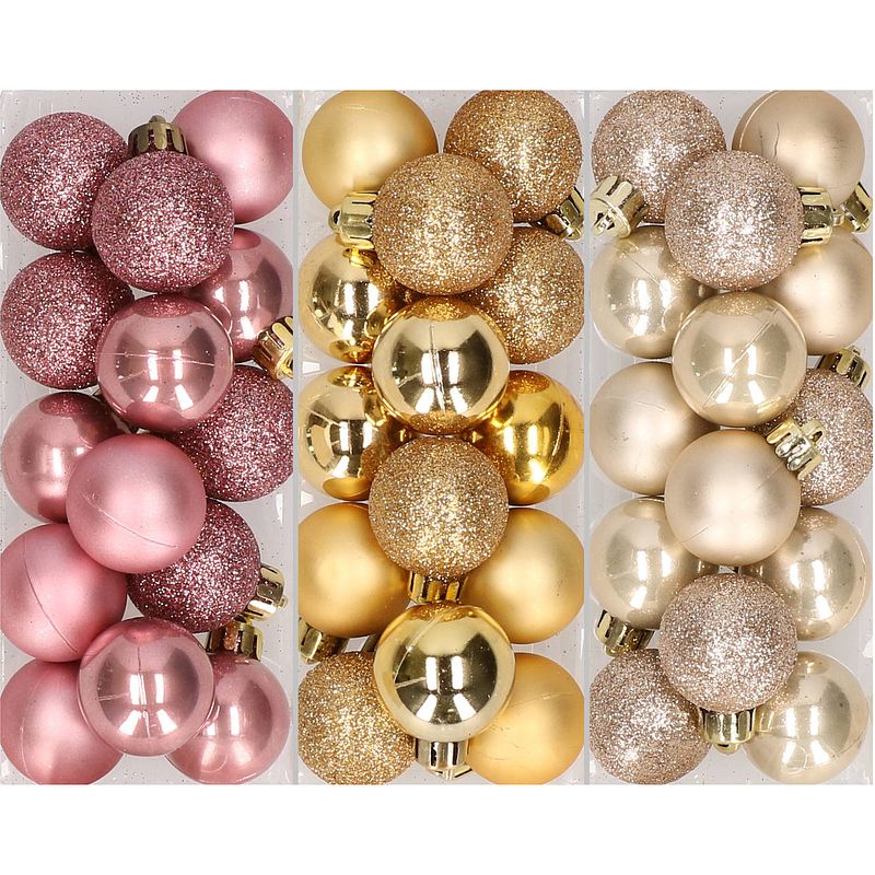 Foto van 42x stuks kleine kunststof kerstballen mix champagne, goud en oudroze 3 cm - kerstbal