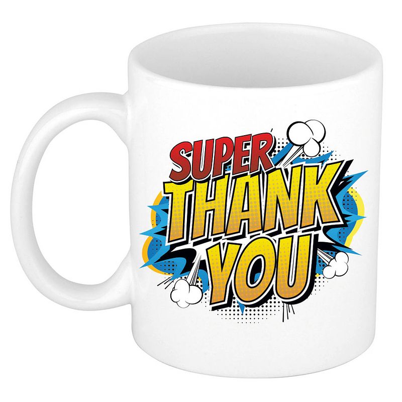 Foto van Super thank you cadeau mok / beker wit pop-art 300 ml - feest mokken