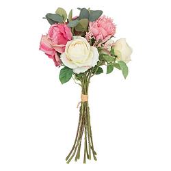 Foto van Kunstbloemen boeket rozen - 50 cm - bloemstuk - groen en wit/roze tinten - kunstbloemen