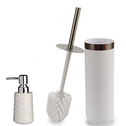 Foto van Wc-/toiletborstel en houder 38 cm met zeeppompje 150 ml wit/zilver - badkameraccessoireset