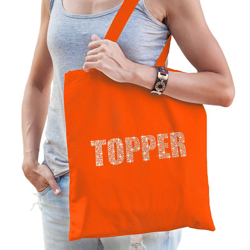 Foto van Glitter topper cadeau katoenen tas oranje rhinestones steentjes voor dames en heren - glitter tassen - feest boodschappe