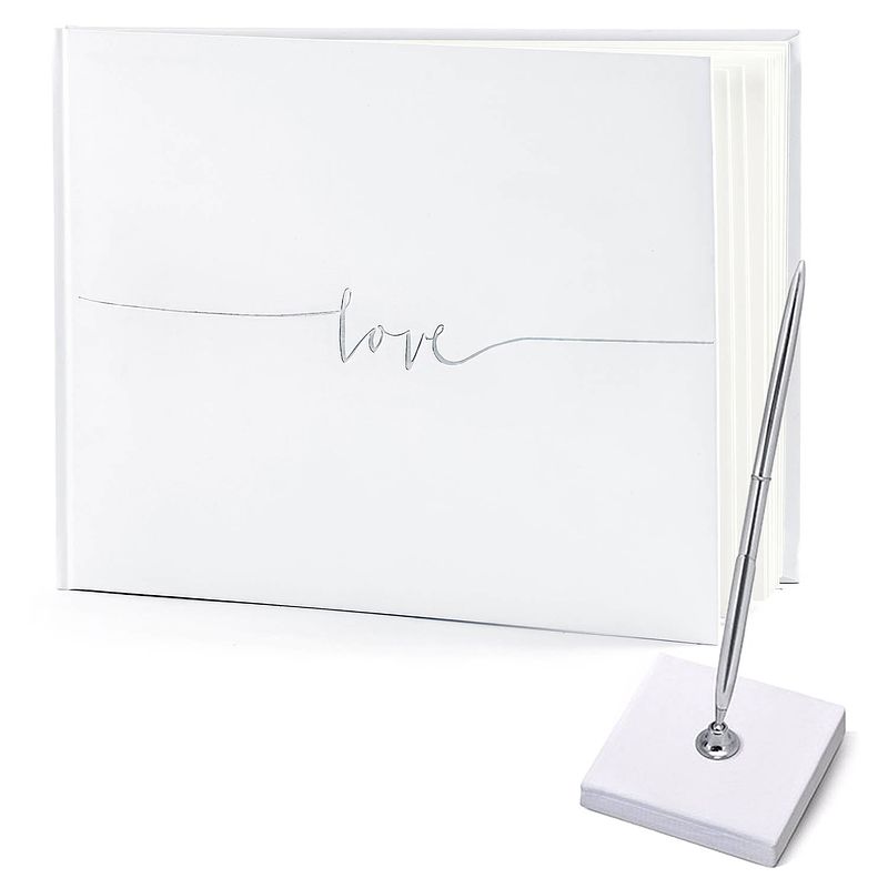 Foto van Gastenboek/receptieboek met luxe pen in houder - bruiloft - wit/zilver - 24 x 18,5 cm - gastenboeken