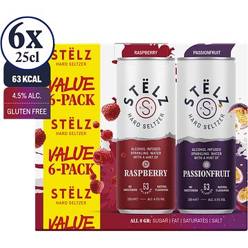 Foto van Stelz hard seltzer raspberry / passionfruit value pack 4 x 250ml bij jumbo