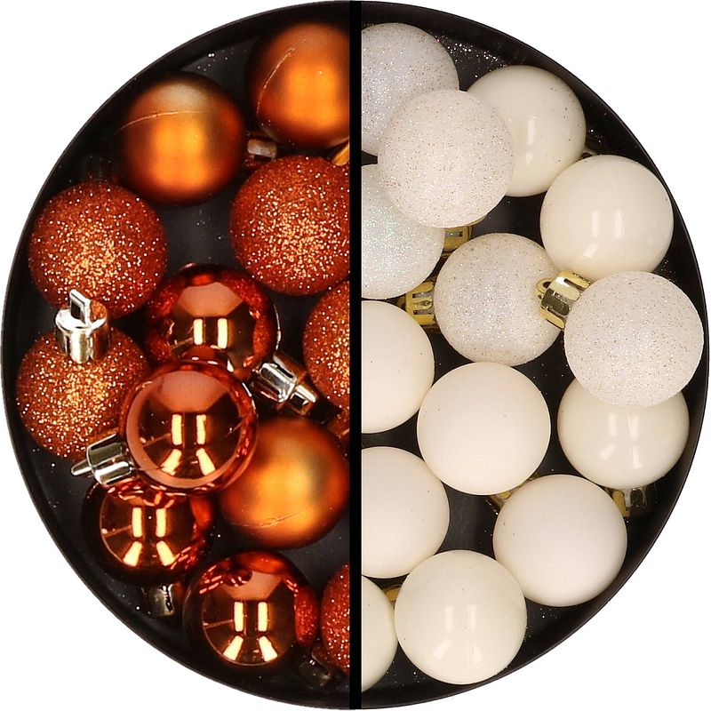 Foto van 34x stuks kunststof kerstballen oranje en gebroken wit 3 cm - kerstbal