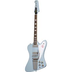 Foto van Epiphone 1963 firebird v maestro vibrola frost blue elektrische gitaar met hard case