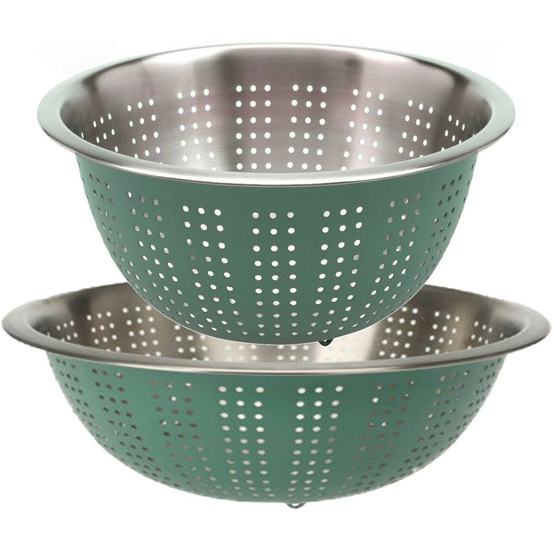 Foto van Rvs keuken vergiet/zeef - set met 2 formaten - groen - diameter 24 en 27 cm - vergieten