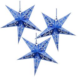 Foto van Set van 3x stuks decoratie kerstster lampionnen blauw 60 cm - kerststerren