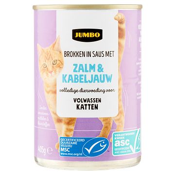 Foto van Jumbo brokken in saus met zalm & kabeljauw 405g