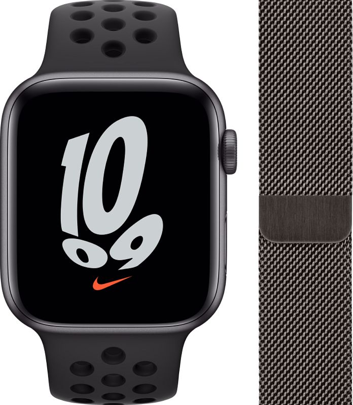 Foto van Apple watch nike se 44mm space gray aluminium zwarte sportband + polsband milanees grafiet