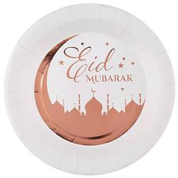 Foto van Ramadan thema eid mubarak suikerfeest bordjes - 10x - karton - 22 cm - wit/rose goud - feestbordjes