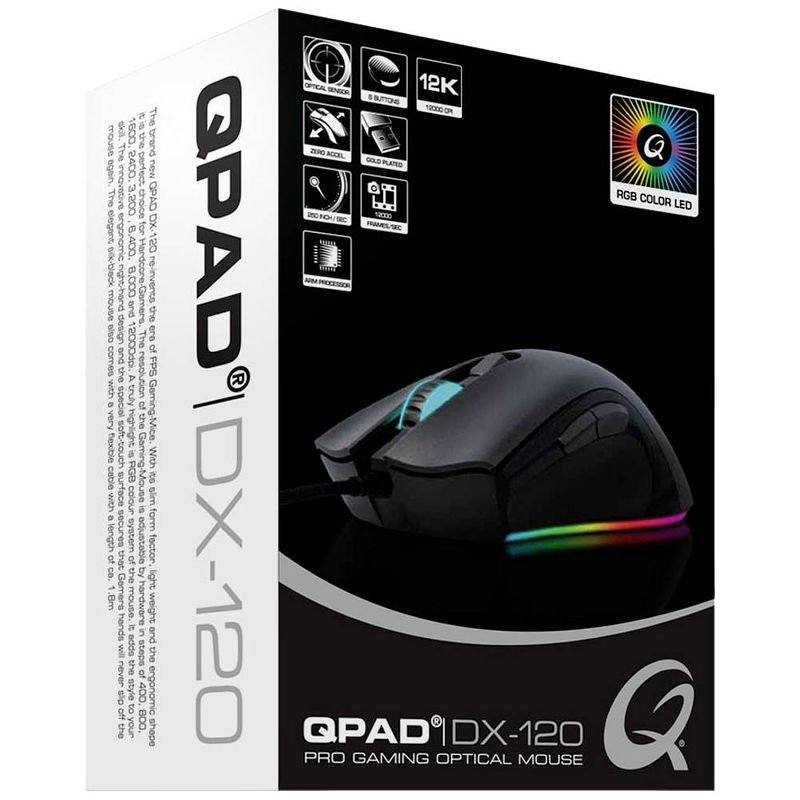 Foto van Qpad dx120 gaming-muis usb optisch zwart, rgb 6 toetsen 12000 dpi verlicht