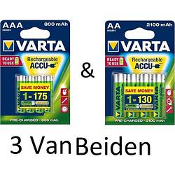 Foto van (3 van beiden) varta aa & aaa oplaadbare batterijen combi aanbieding 800 mah & 2100 mah