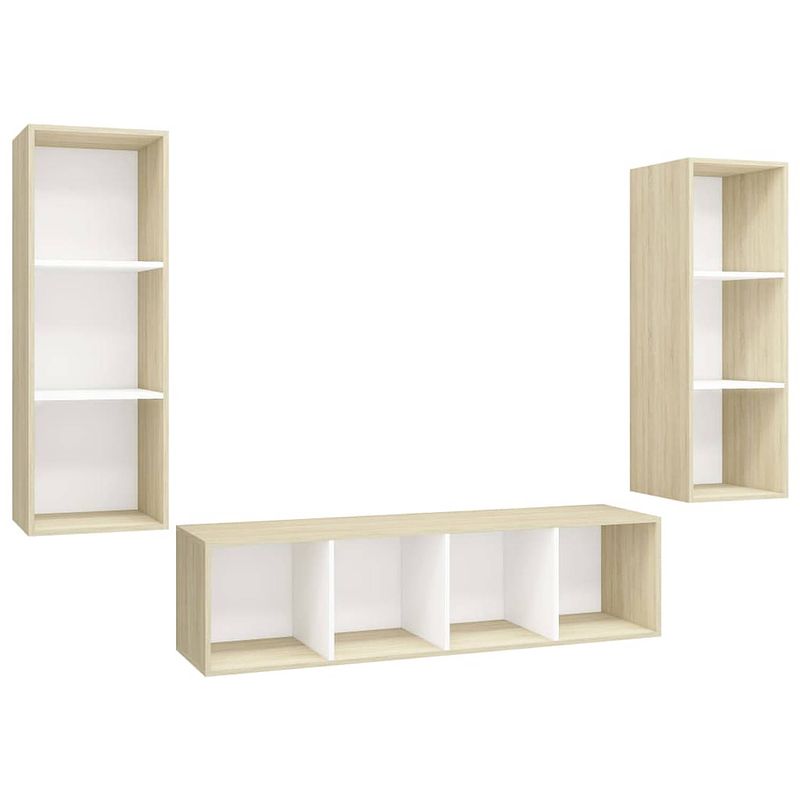 Foto van The living store televisiewandmeubel - naam - tv-meubelset - 37x37x107 cm - 37x37x142.5 cm - kleur- wit - sonoma eiken