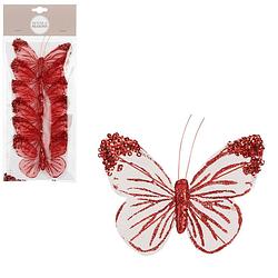 Foto van House of seasons kerst vlinders op clip - 6x stuks - rood/wit - 10 cm - kersthangers