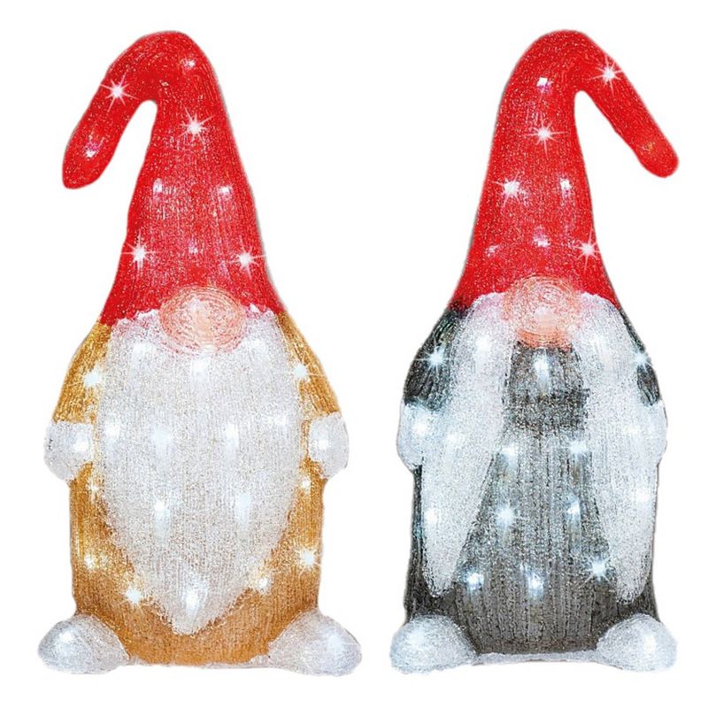 Foto van 2x stuks kerstverlichting led figuren voor buiten gnome/dwerg 44 cm met 60 lampjes helder wit - kerstverlichting figuur