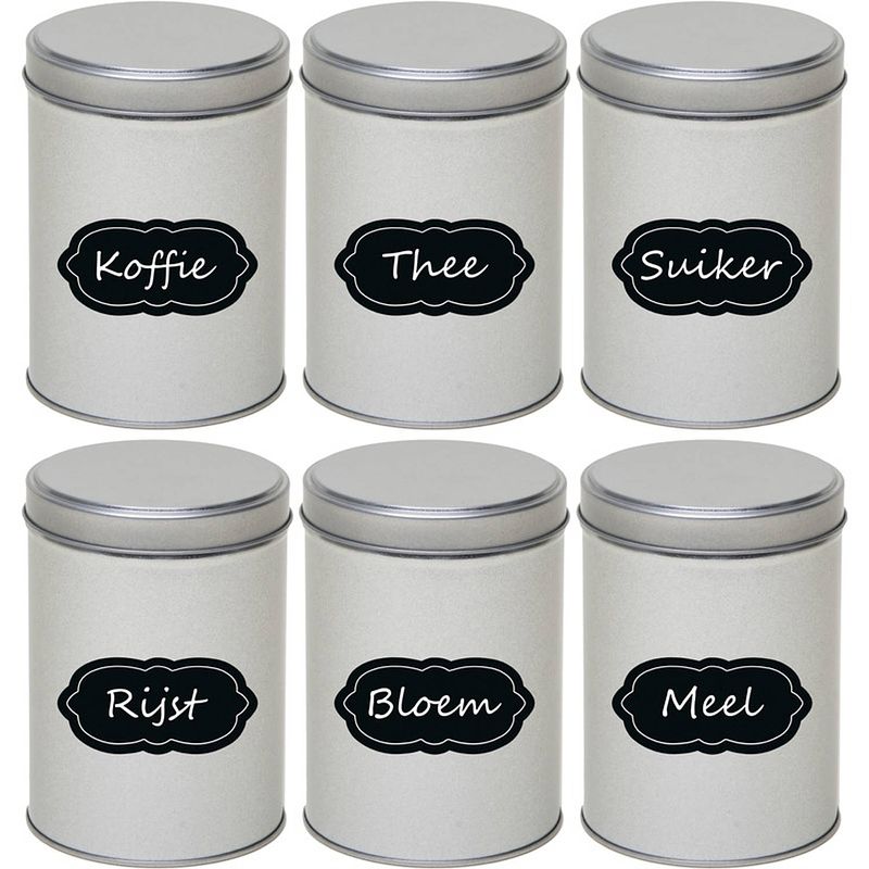 Foto van 6x zilveren hoog/rond bewaarblik/opbergblik 13 cm met krijtbord labels - voorraadblikken