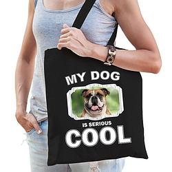 Foto van Katoenen tasje my dog is serious cool zwart - britse bulldog honden cadeau tas - feest boodschappentassen