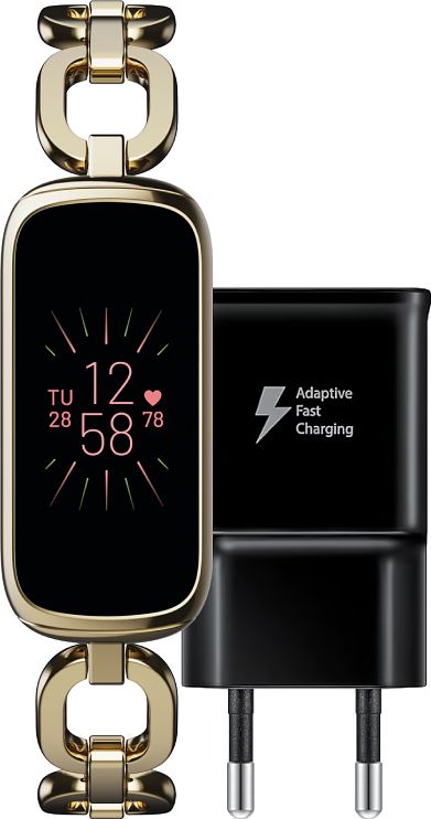 Foto van Fitbit luxe speciale editie goud + samsung adaptive fast charging oplader 15w zwart