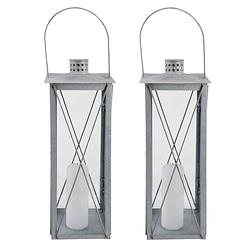 Foto van Set van 2x stuks zilveren tuin lantaarn/windlicht van zink 19,8 x 19,8 x 51,3 cm - lantaarns
