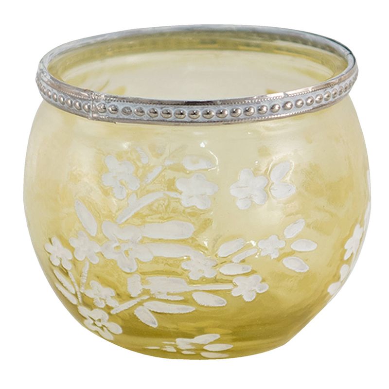 Foto van Clayre & eef glazen theelichthouder ø 10*9 cm geel, wit glas, metaal rond bloemen waxinelichthouder windlichthouder