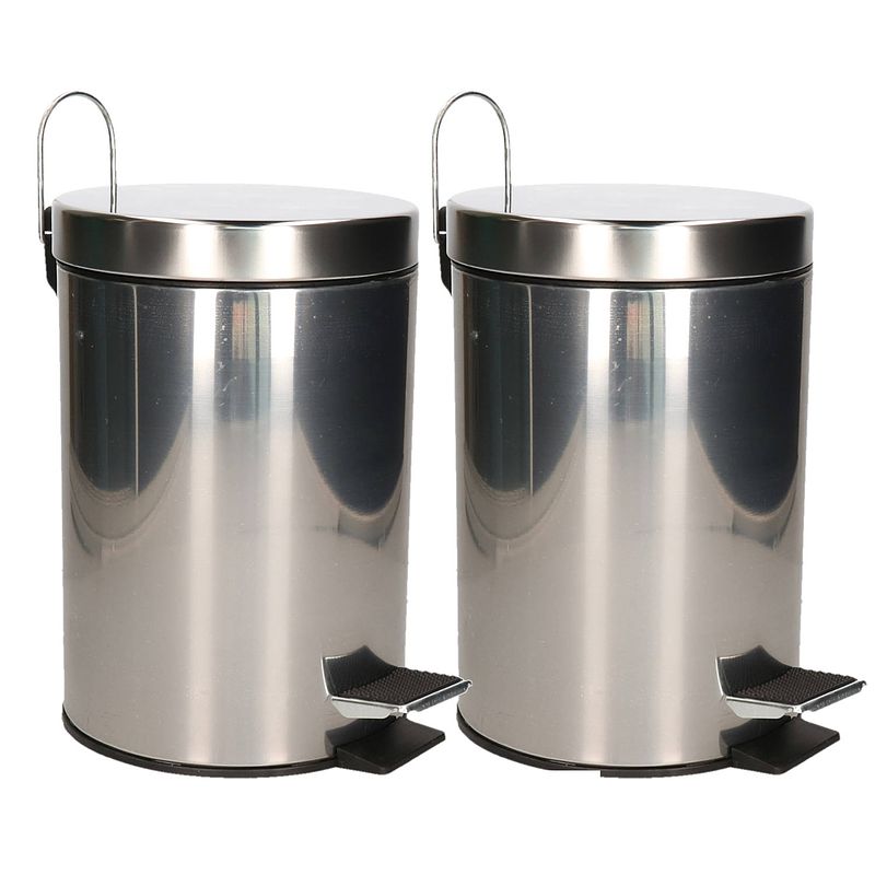 Foto van Pedaalemmer/prullenbak/vuilnisbak - 2x - 3 liter - zilver - rvs - 17 x 25 cma  - pedaalemmers