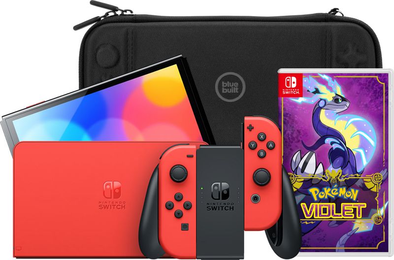 Foto van Nintendo switch oled super mario editie + pokémon violet + bluebuilt beschermhoes