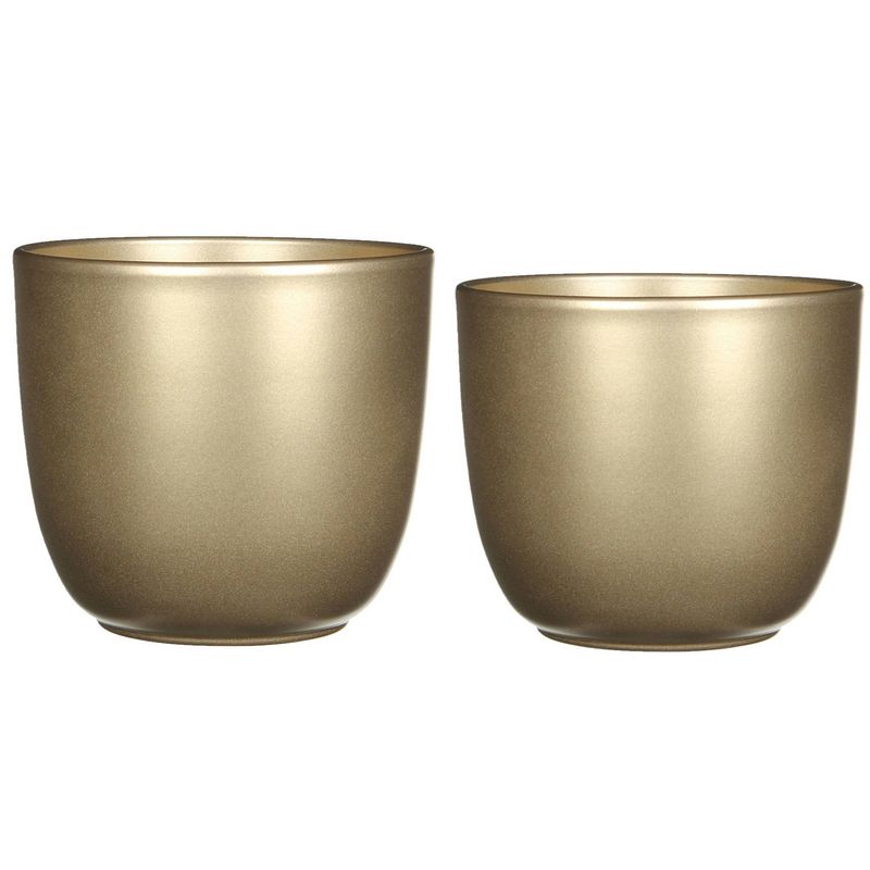 Foto van Plantenpot/bloempotten set - 2x stuks - keramiek - goud - d14.5 en d17 cm - plantenpotten