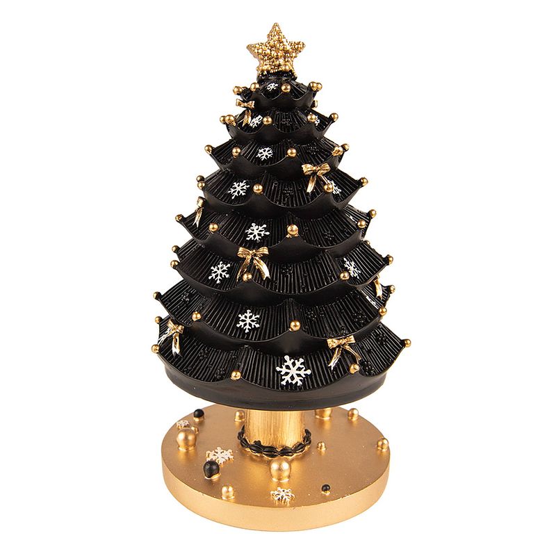 Foto van Haes deco - muziekdoos kerstboom ø 11x20 cm - zwart - kerst figuur, kerstdecoratie