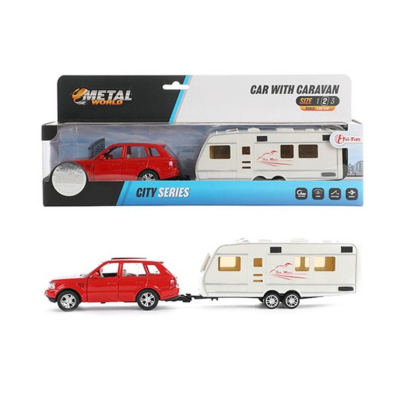 Foto van Massamarkt toi toys auto pull back met caravan 1:48