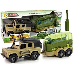 Foto van Diy speelgoed dinosaurus terreinwagen met trailer en dino